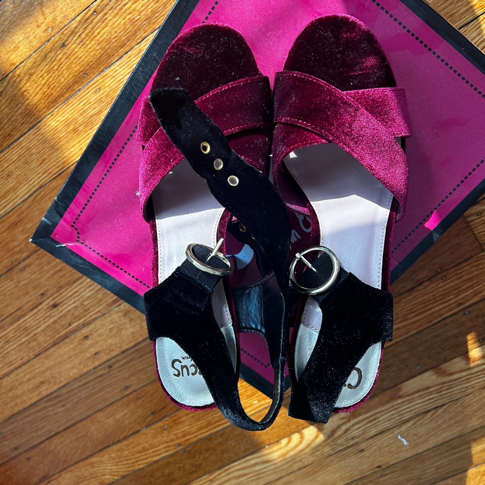 Black and cranberry colored suede chunky Heel